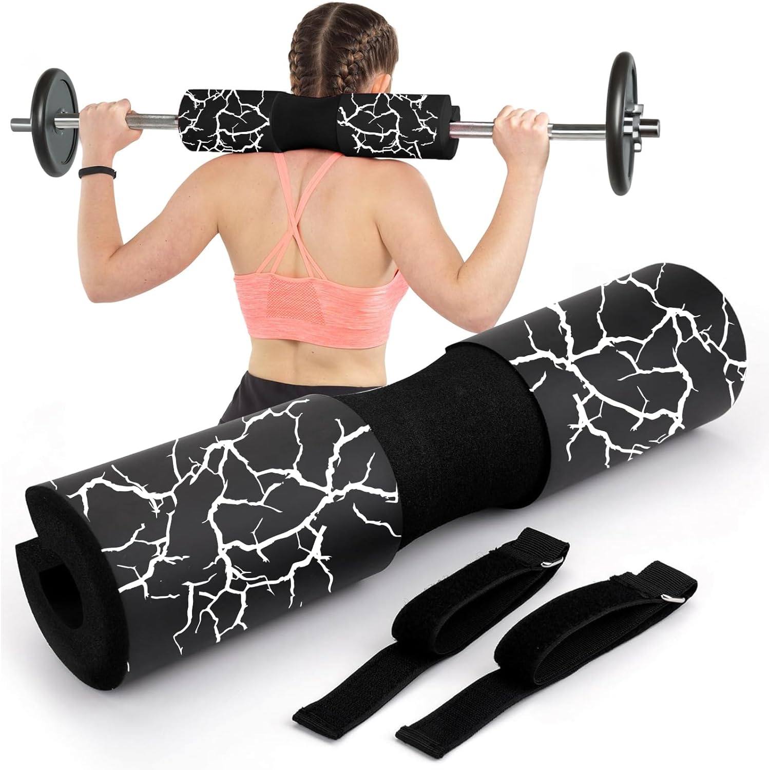 Fitcozi Barbell Pad Foam Squat Bar Pad Hip Thrust Pad with Safety Straps for Squat