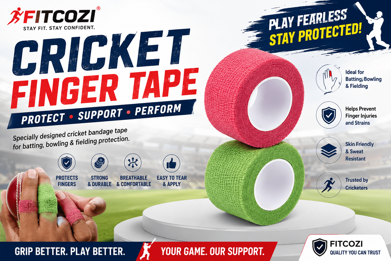 Fitcozi cricket finger tape and cricket bandage tape for finger protection during batting, bowling and fielding