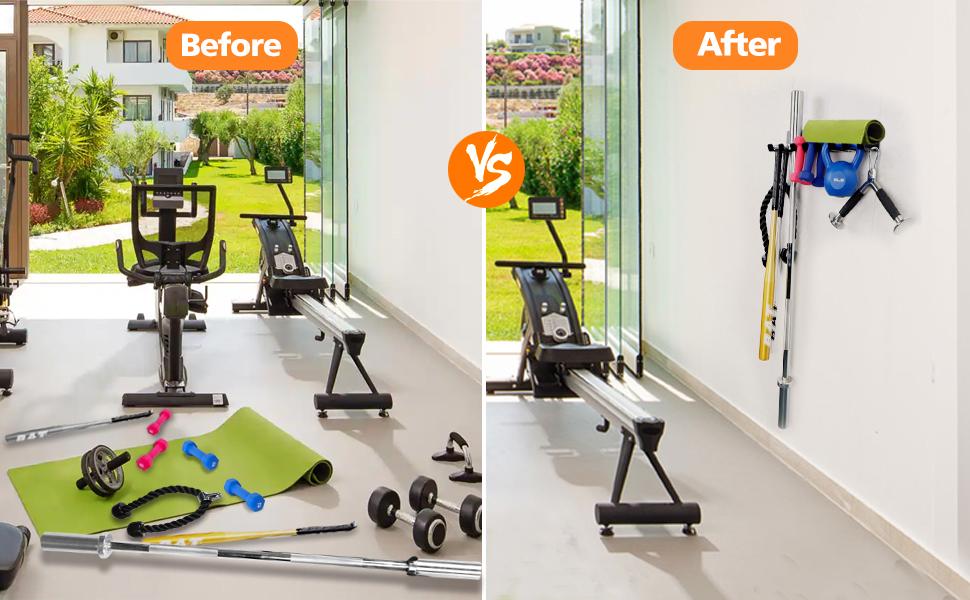 Gym Rack Organizer, Home Gym Accessories Hanger, Wall Mount Hooks for Olympic Barbells, Row Handles, catelbell wall holder