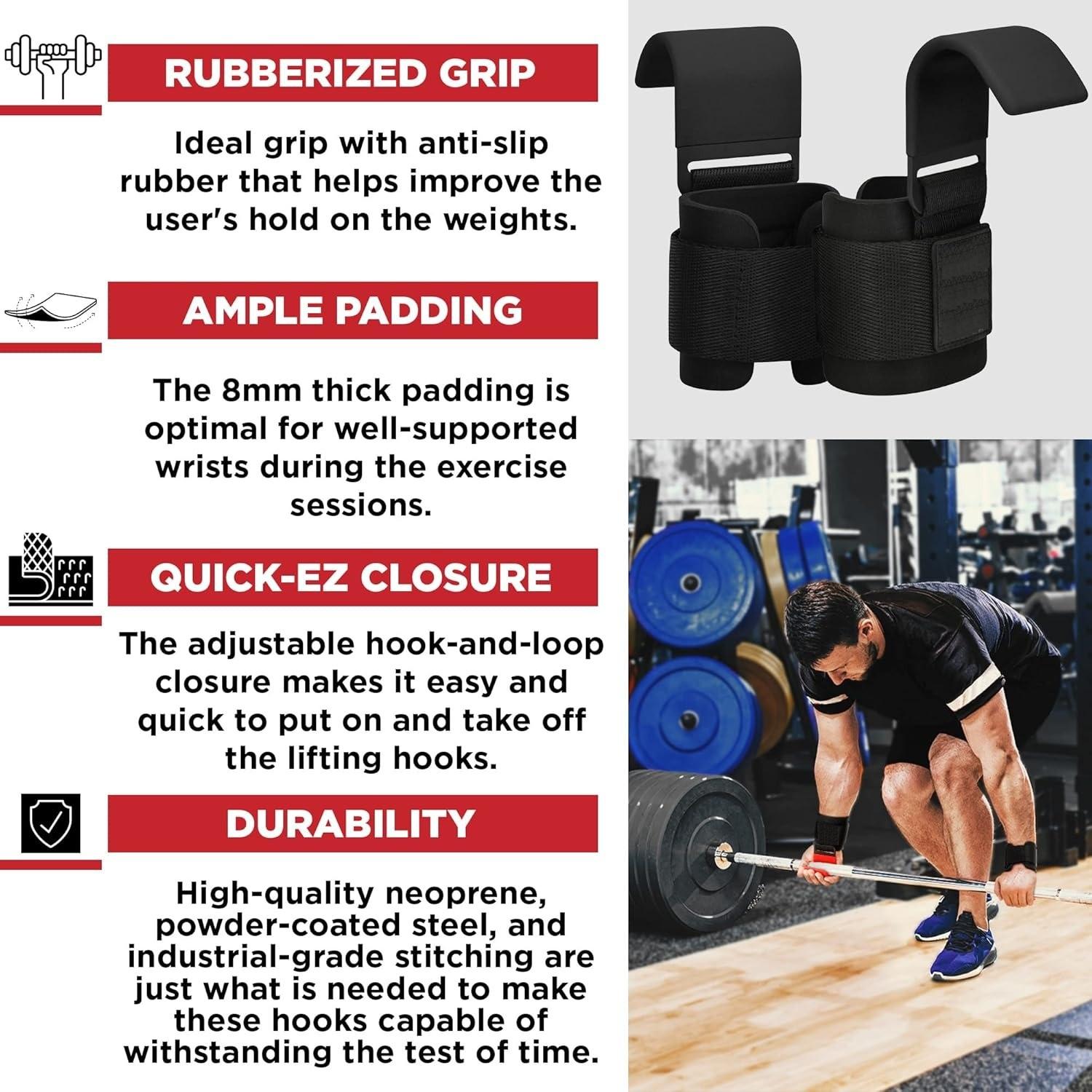 Weight Lifting Hooks, Non-Slip Rubber Coated Grips, 7mm Neoprene Wrist Support Padding, Power Lifting Barbell Rows Dead Lifts Chin Pull Up Fitness Strength Training Straps Gym Workout Straps