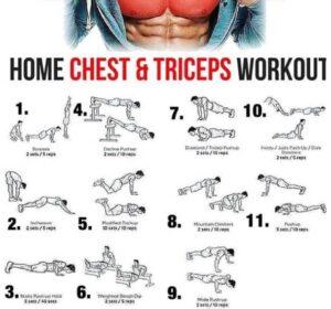 hest and Triceps Gym Workout Plan Looking to build a strong, defined chest and powerful triceps? Here's a detailed workout plan to help you maximize your gains and target these muscle groups effectively. Remember to warm up before starting and use proper form to avoid injuries. Warm-Up Push-Ups: 2 sets of 12-15 reps Arm Circles: 1 minute forward, 1 minute backward Light Dumbbell Press: 2 sets of 15 reps with light weights Workout Plan Chest Exercises Flat Bench Press 4 sets of 8-10 reps Target: Pecs, shoulders, triceps How to do: Lie on a flat bench. Grip the barbell slightly wider than shoulder-width. Lower the bar to your chest and press it back up. Incline Dumbbell Press 4 sets of 10-12 reps Target: Upper chest, shoulders How to do: Set the bench to a 30–45-degree incline. Hold dumbbells at chest level, press upward, and lower them slowly. Cable Crossover 3 sets of 12-15 reps Target: Inner chest How to do: Adjust the pulleys to shoulder height. Grab handles, step forward, and pull the handles together in front of you, crossing slightly. Chest Dips 3 sets of 10-12 reps Target: Lower chest, triceps How to do: Use parallel bars, lean slightly forward, and dip down until your elbows are at a 90-degree angle. Triceps Exercises Tricep Pushdowns (Cable Machine) 4 sets of 12-15 reps Target: Triceps How to do: Attach a straight bar to the cable. Keep your elbows close to your body and push the bar down until your arms are straight. Close-Grip Bench Press 4 sets of 8-10 reps Target: Triceps, chest How to do: Lie on a flat bench. Grip the barbell slightly narrower than shoulder-width. Lower it to your chest and push it back up. Overhead Dumbbell Tricep Extension 3 sets of 10-12 reps Target: Long head of the triceps How to do: Hold a dumbbell with both hands behind your head. Extend your arms upward, keeping your elbows close to your head. Skull Crushers (EZ Bar) 3 sets of 10-12 reps Target: Triceps How to do: Lie on a flat bench with an EZ bar. Lower the bar to your forehead, then extend your arms back up. Cool-Down and Stretching Chest Stretch: Stand in a doorway, place your forearms on the frame, and gently lean forward. Hold for 20-30 seconds. Tricep Stretch: Raise one arm overhead, bend the elbow, and push it gently with the other hand. Hold for 20-30 seconds. Tips for Success Use progressive overload by gradually increasing weight. Rest for 60-90 seconds between sets. Focus on proper form to maximize gains and avoid injury. Pair this workout with a protein-rich diet to support muscle recovery. Ready to crush your next chest and triceps workout? Stay consistent, and you'll see results in no time!