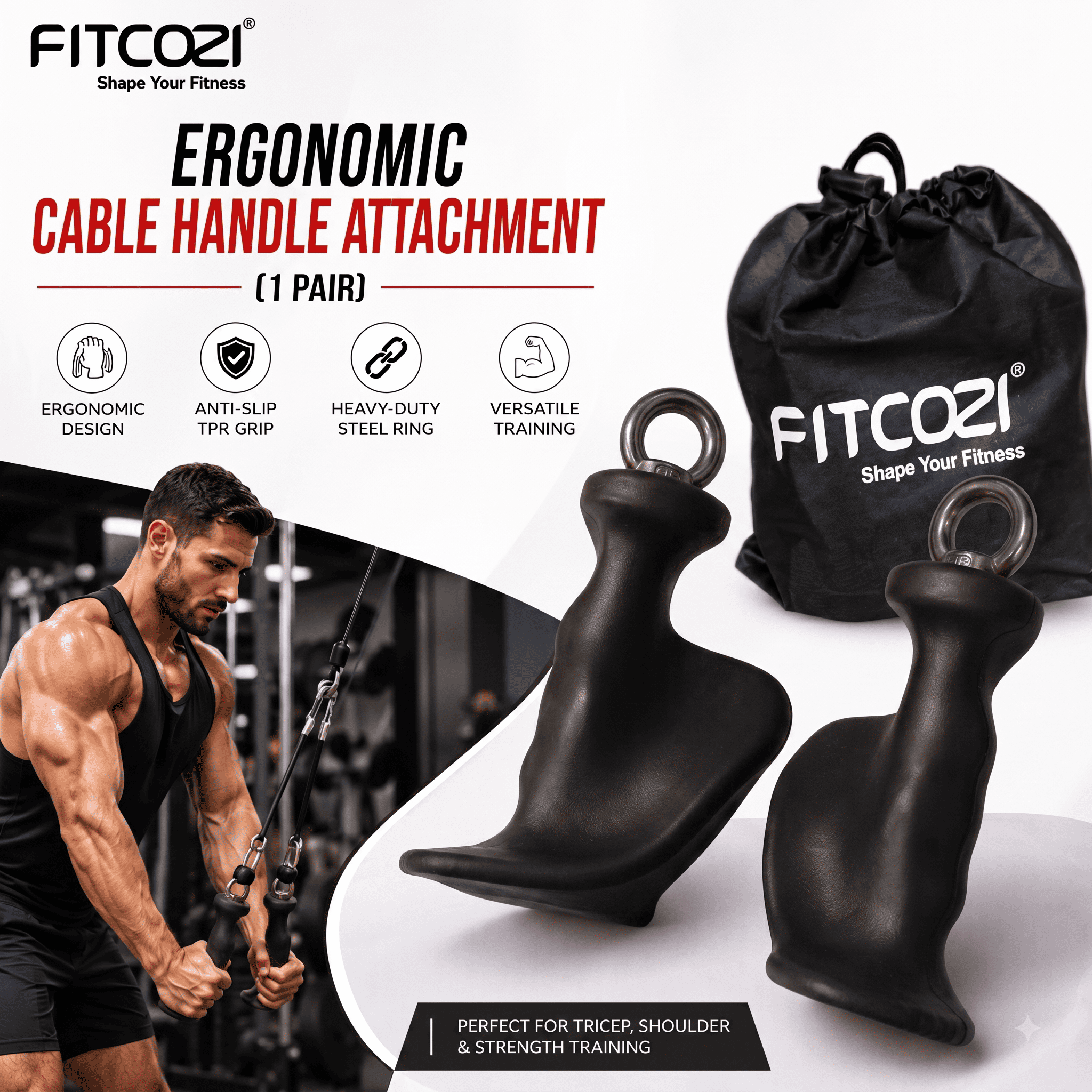 Ergonomic Cable Handle Attachment (1 Pair) Anti-Slip TPR Grip Gym Handles with Steel Ring Cable Machine Handles for Tricep, Shoulder & Strength Training (Black) (3)
