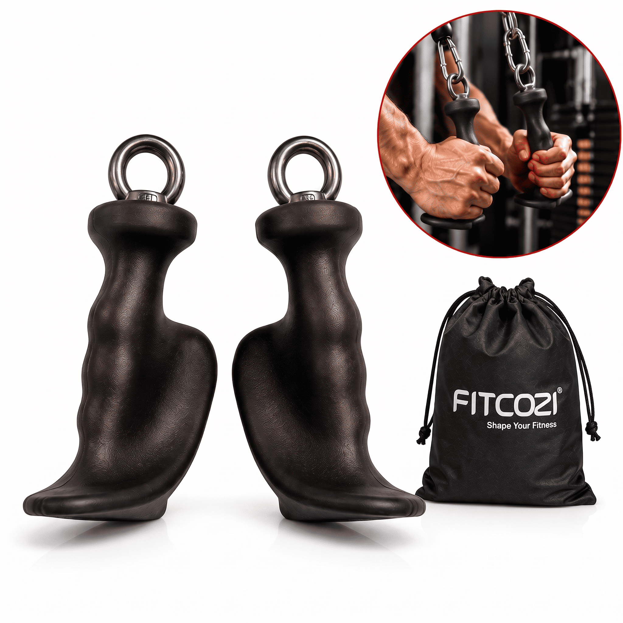 Ergonomic Cable Handle Attachment (1 Pair) Anti-Slip TPR Grip Gym Handles with Steel Ring Cable Machine Handles for Tricep, Shoulder & Strength Training (Black) (3)