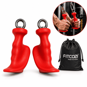 FITCOZI ergonomic cable handle attachment exercise chart showing tricep pushdown, overhead tricep extension, seated row, face pull, shoulder press and cable curl exercises (1)