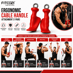 FITCOZI ergonomic cable handle attachment exercise chart showing tricep pushdown, overhead tricep extension, seated row, face pull, shoulder press and cable curl exercises (1)