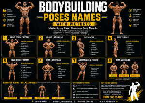 Bodybuilding poses names with pictures including Front Double Biceps, Lat Spread, Side Chest, Rear Double Biceps and Most Muscular – Fitcozi