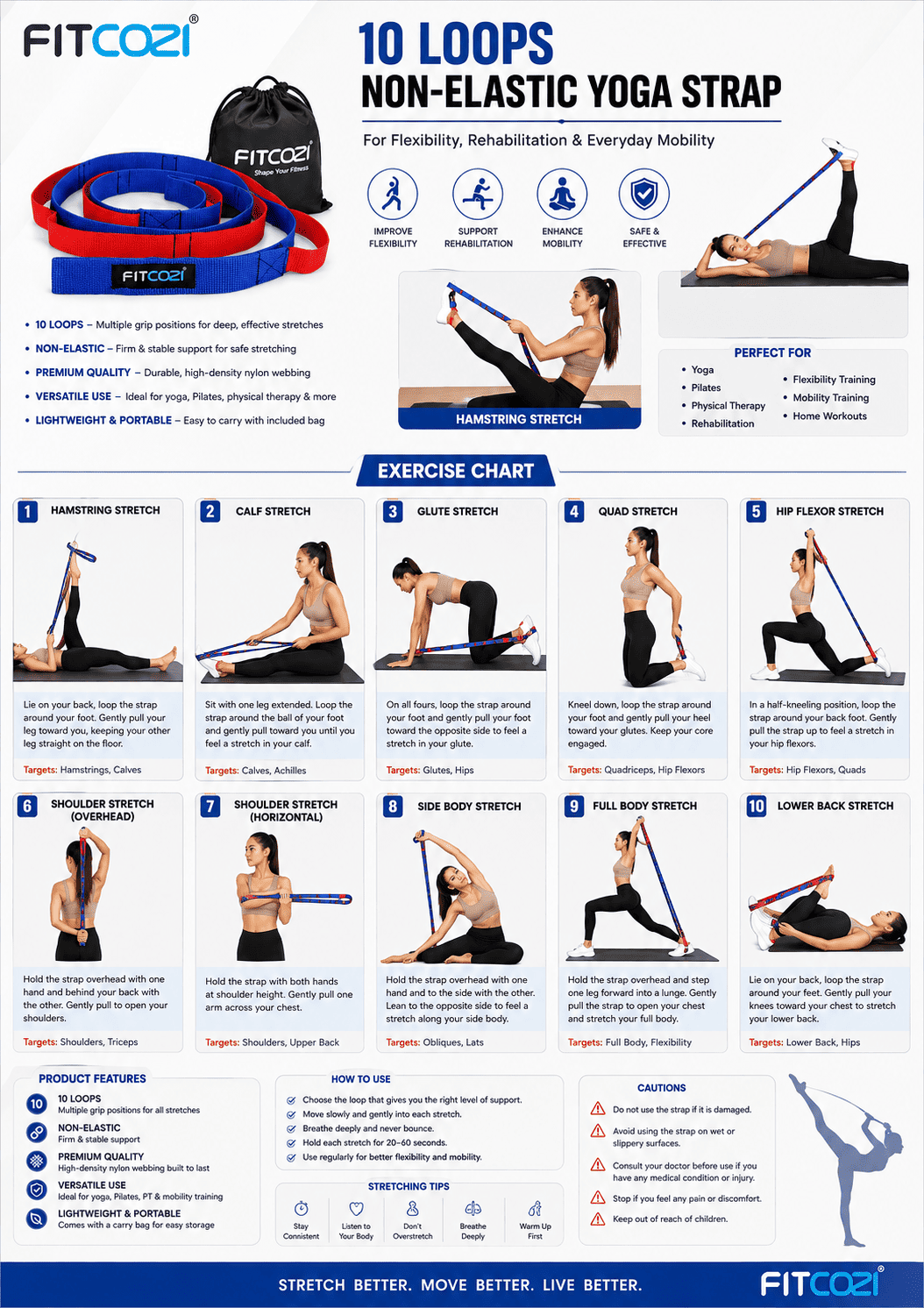 FITCOZI 10 Loop Non-Elastic Yoga Stretch Strap Exercise Chart
