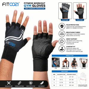 FITCOZI workout gym gloves worn by male fitness model with adjustable wrist support