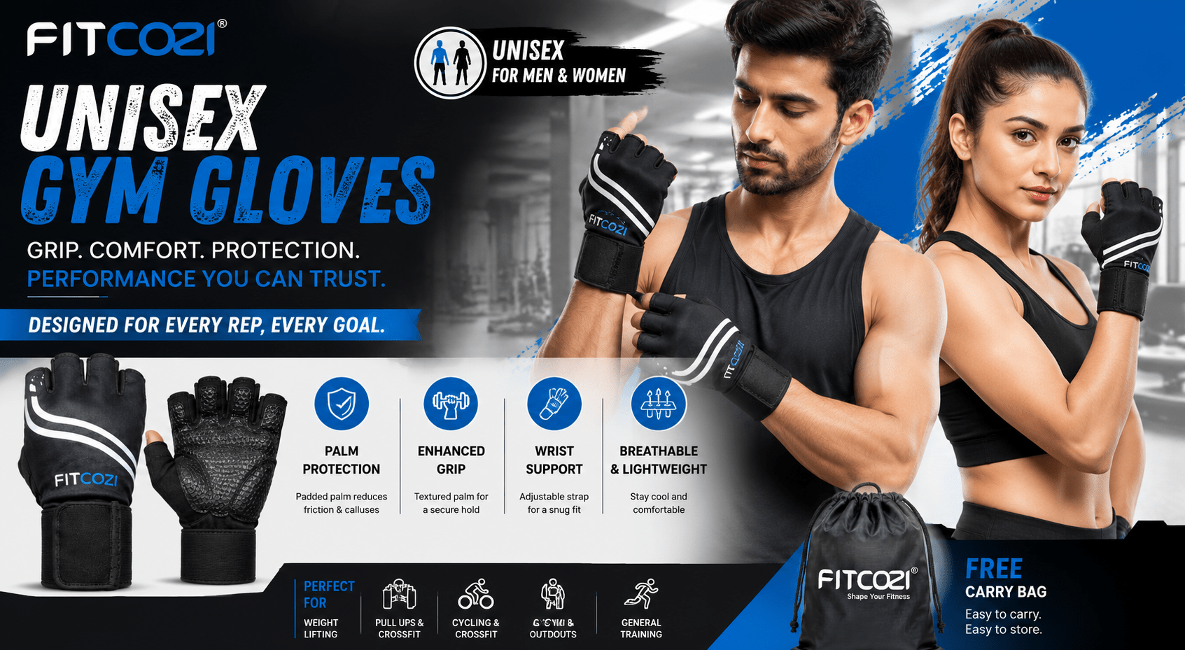 FITCOZI unisex gym gloves for men and women with grip, palm protection and wrist support