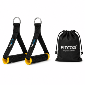FITCOZI gym exercise handles with yellow PVC grip and heavy-duty D-ring for cable machines, pulley systems and resistance band workouts (2)