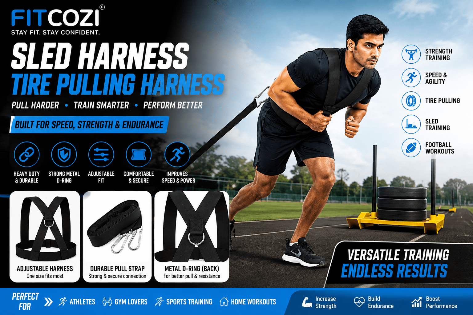 Fitcozi Sled Harness and Tire Pulling Harness designed for resistance training, sled pulling, tire pulling, speed and agility workouts, strength conditioning and football training. Features an adjustable harness, durable pull strap and strong metal D-ring for versatile training applications.