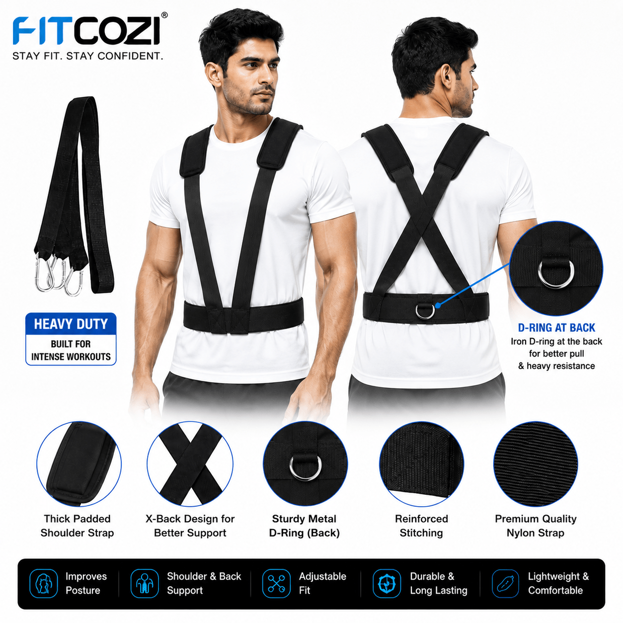 Fitcozi Sled Harness and Tire Pulling Harness designed for resistance training, sled pulling, tire pulling, speed and agility workouts, strength conditioning and football training. Features an adjustable harness, durable pull strap and strong metal D-ring for versatile training applications.