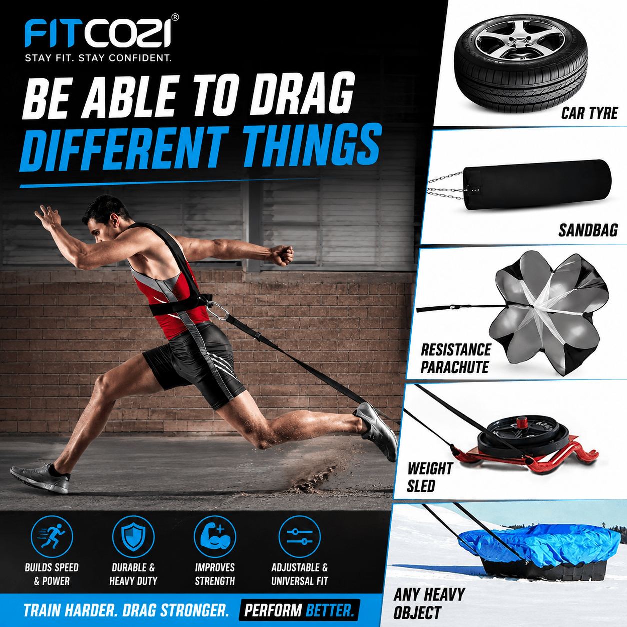 Fitcozi Sled Harness and Tire Pulling Harness designed for resistance training, sled pulling, tire pulling, speed and agility workouts, strength conditioning and football training. Features an adjustable harness, durable pull strap and strong metal D-ring for versatile training applications.