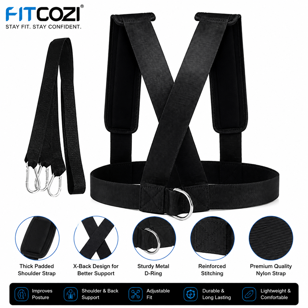 Fitcozi Sled Harness and Tire Pulling Harness designed for resistance training, sled pulling, tire pulling, speed and agility workouts, strength conditioning and football training. Features an adjustable harness, durable pull strap and strong metal D-ring for versatile training applications.