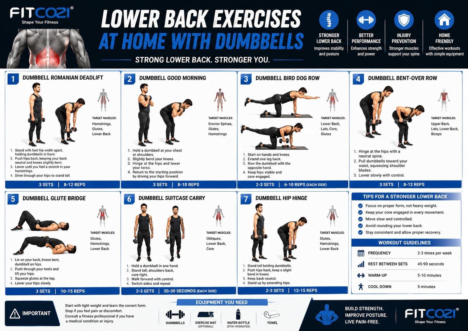 FITCOZI lower back exercises at home with dumbbells including Romanian deadlift, good morning, bird dog row and glute bridge