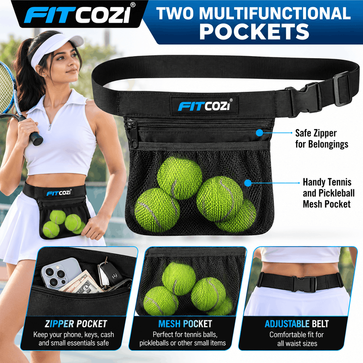 FITCOZI adjustable tennis and pickleball waist bag with stretchable mesh ball pocket