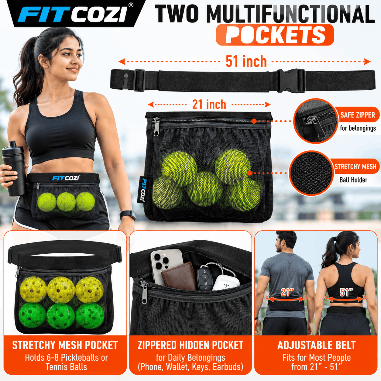 best FITCOZI adjustable tennis and pickleball waist bag with stretchable mesh ball pocket
