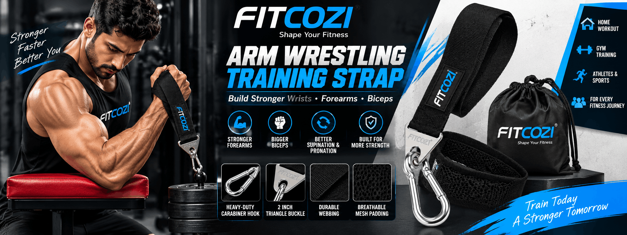 FITCOZI arm wrestling training strap with durable webbing breathable padding and secure carabiner