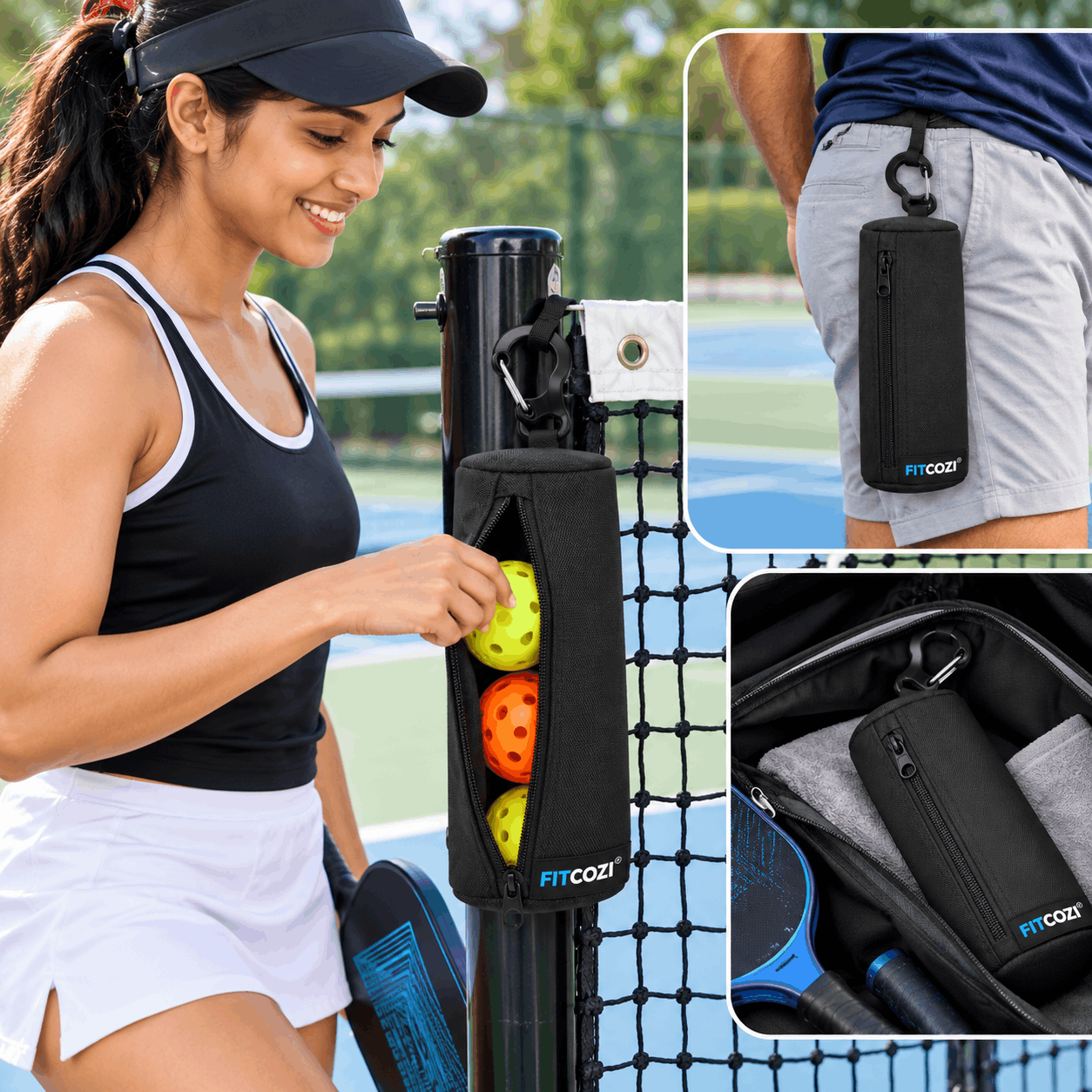best FITCOZI pickleball ball holder pouch with hook for carrying up to 3 pickleballs