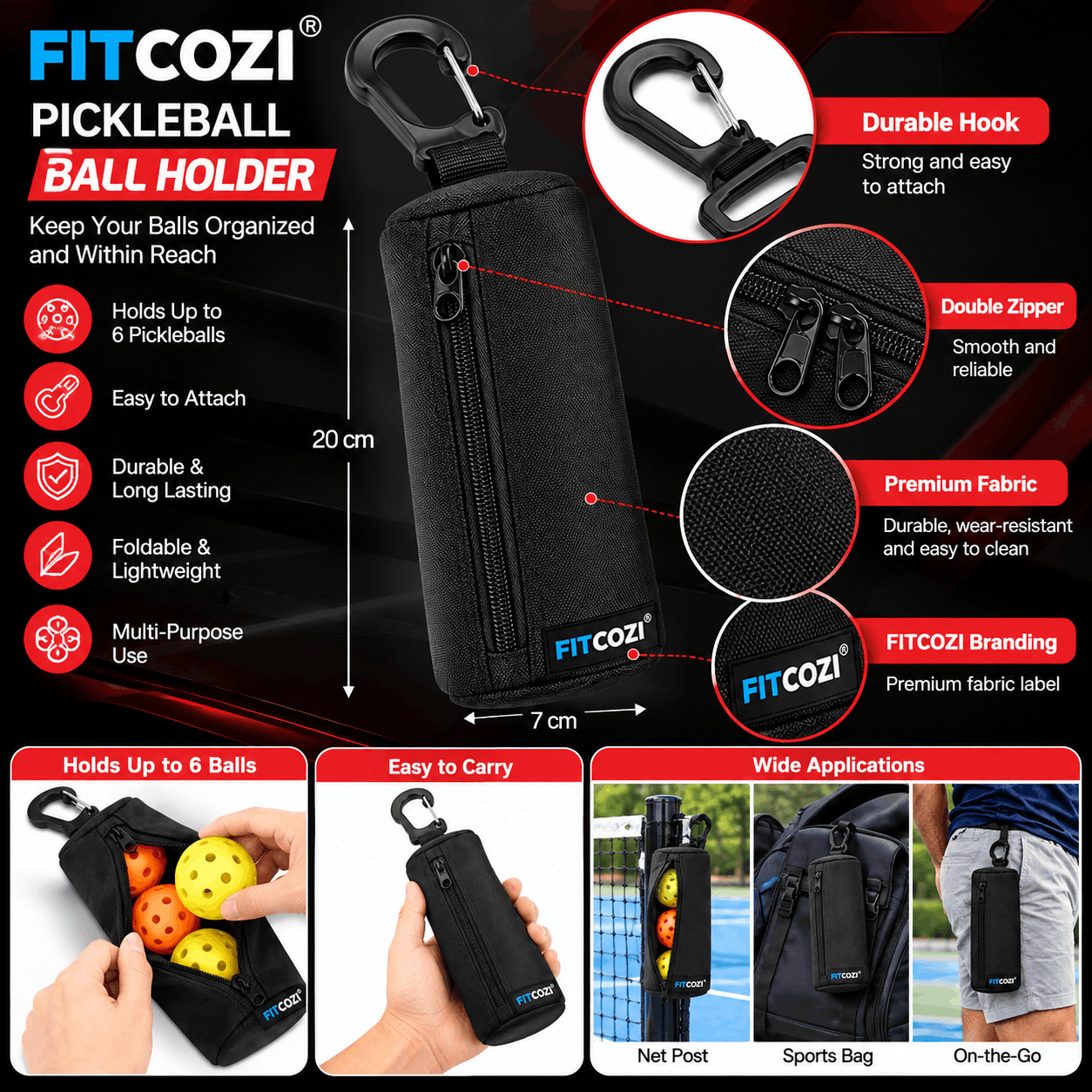 best FITCOZI pickleball ball holder pouch with hook for carrying up to 3 pickleballs